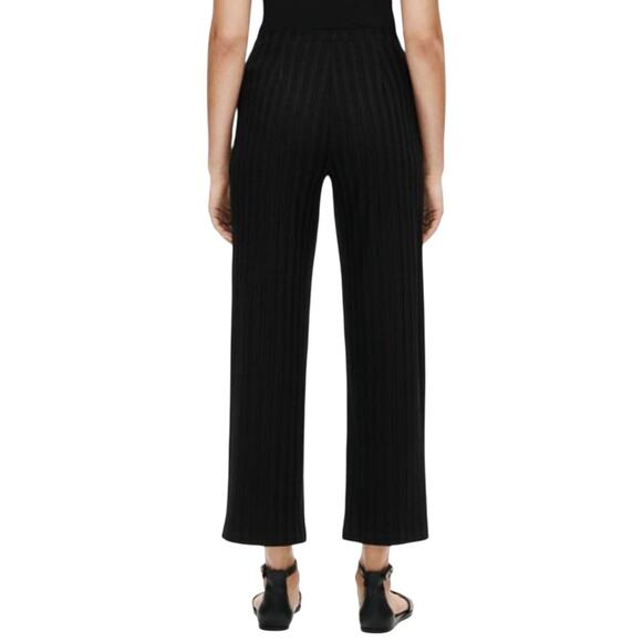Eileen Fisher Pants L Black Tencel Wide Rib Straight Elastic Waist Pockets NWT - Picture 12 of 13